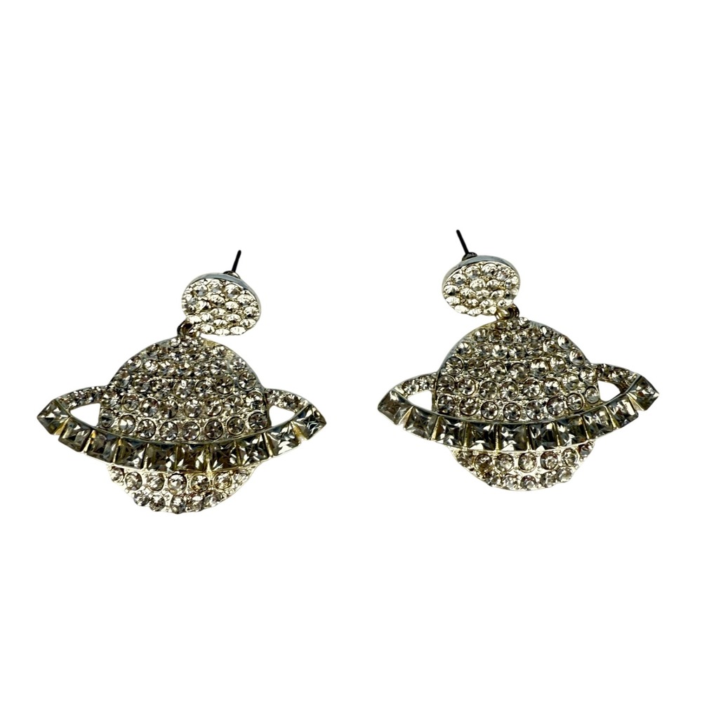 Rhinestone Saturn Planet Earrings Crystal Silver Tone Celestial Statement Dangle - Picture 5 of 7